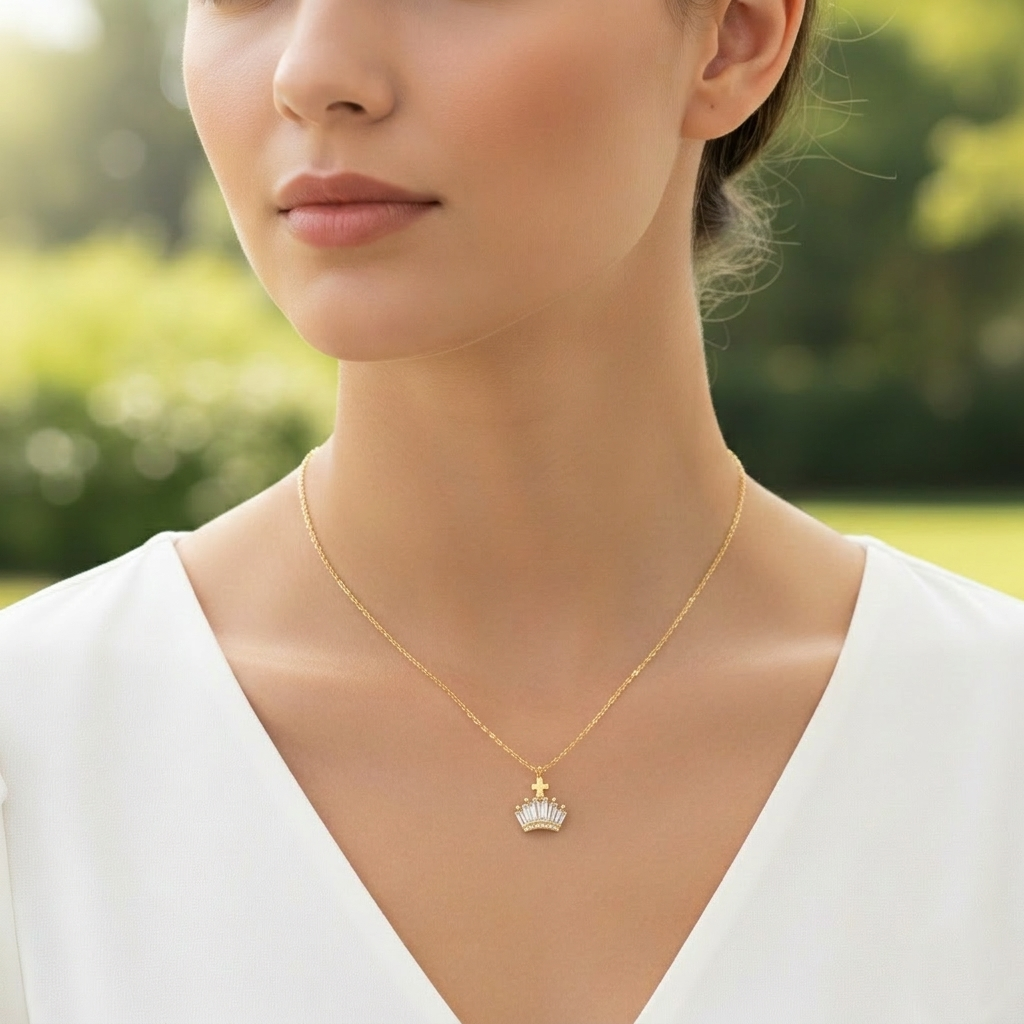 Baguette Crystal Crown & Cross Pendant Necklace