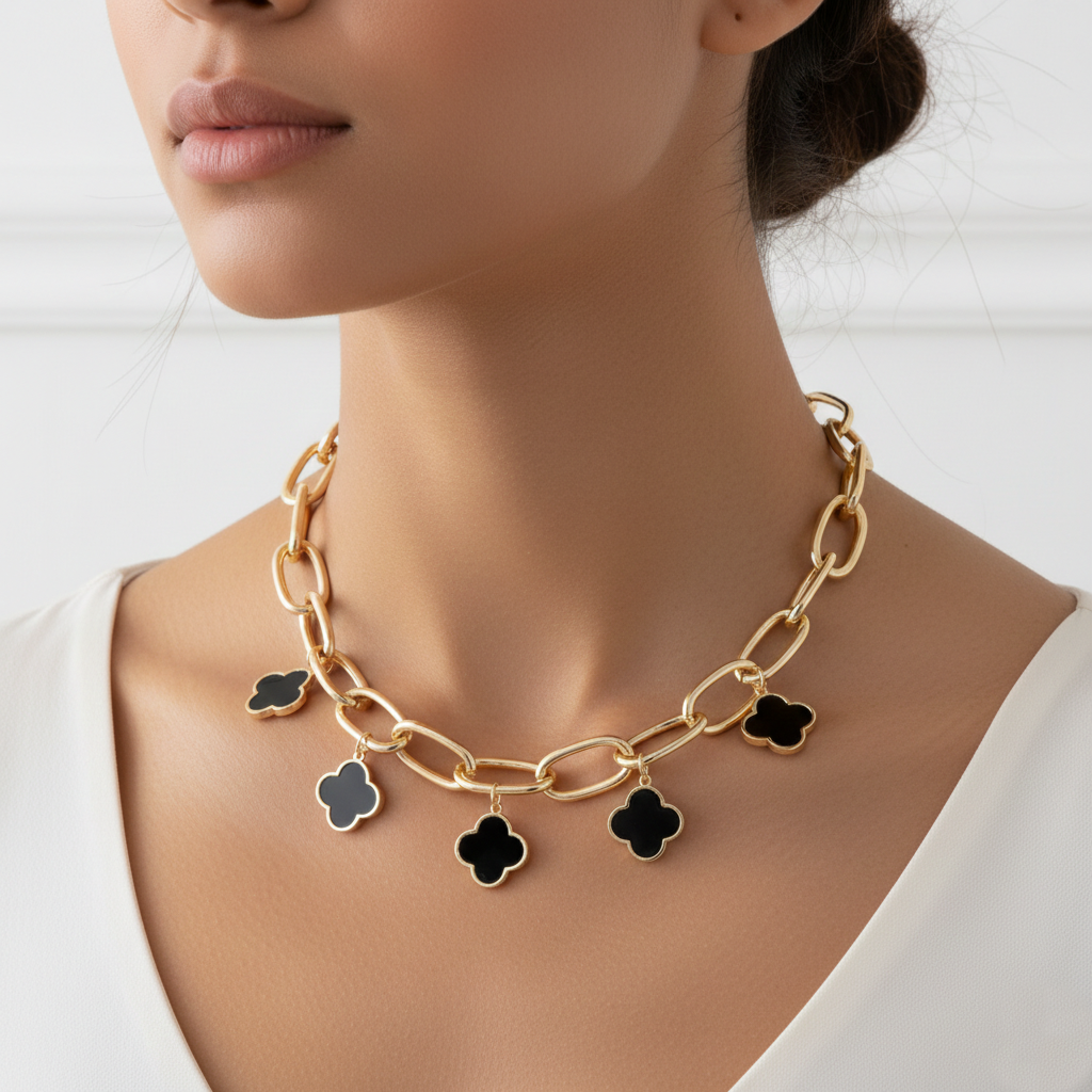 Clover Charm Chunky Link Chain Necklace