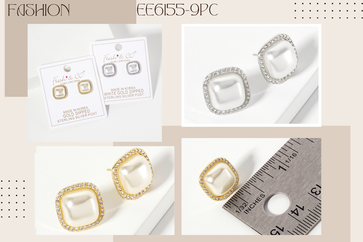 Square-Shaped Pearl with Pave-Set Stud Earrings