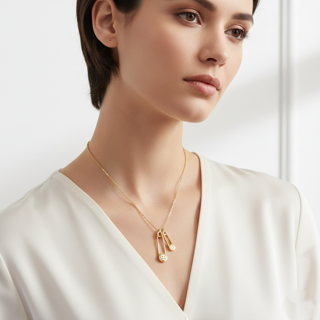 18K Gold Dipped CZ Pave Smiley Face Safety Pin Necklace