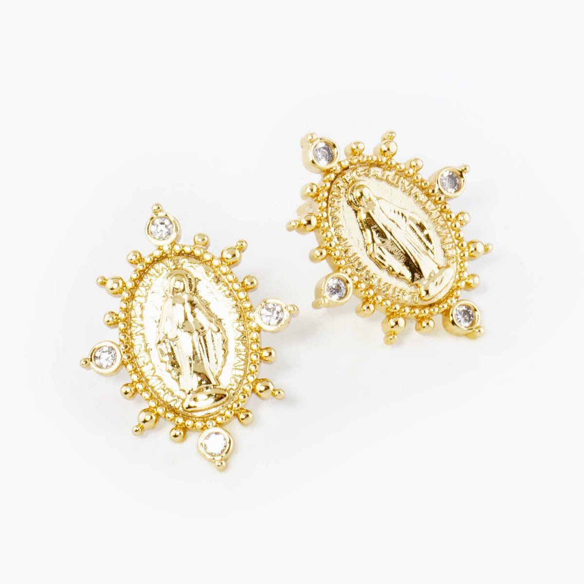18K GOLD DIPPED CZ OVAL MIRACULOUS MEDAL RELIGIOUS STUD