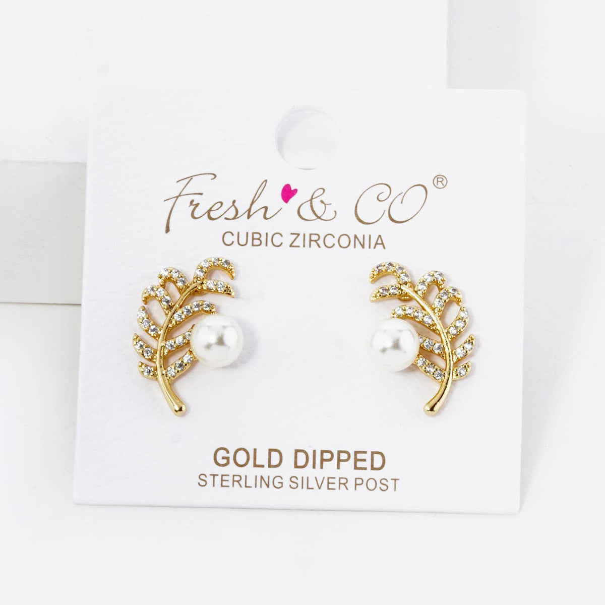 CUBIC ZIRCONIA FEATHER AND PEARL STUD EARRINGS