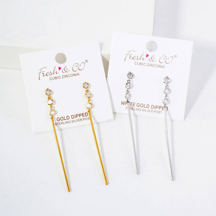 Round CZ Stone Trio with Brass Bar Drop Earrings