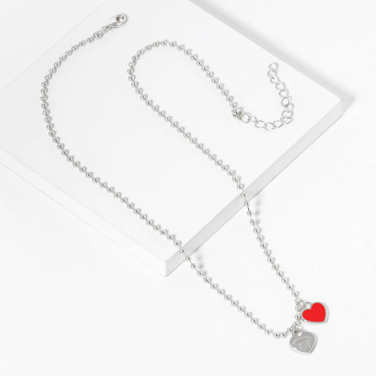 Double Heart Charm Bead Chain Necklace
