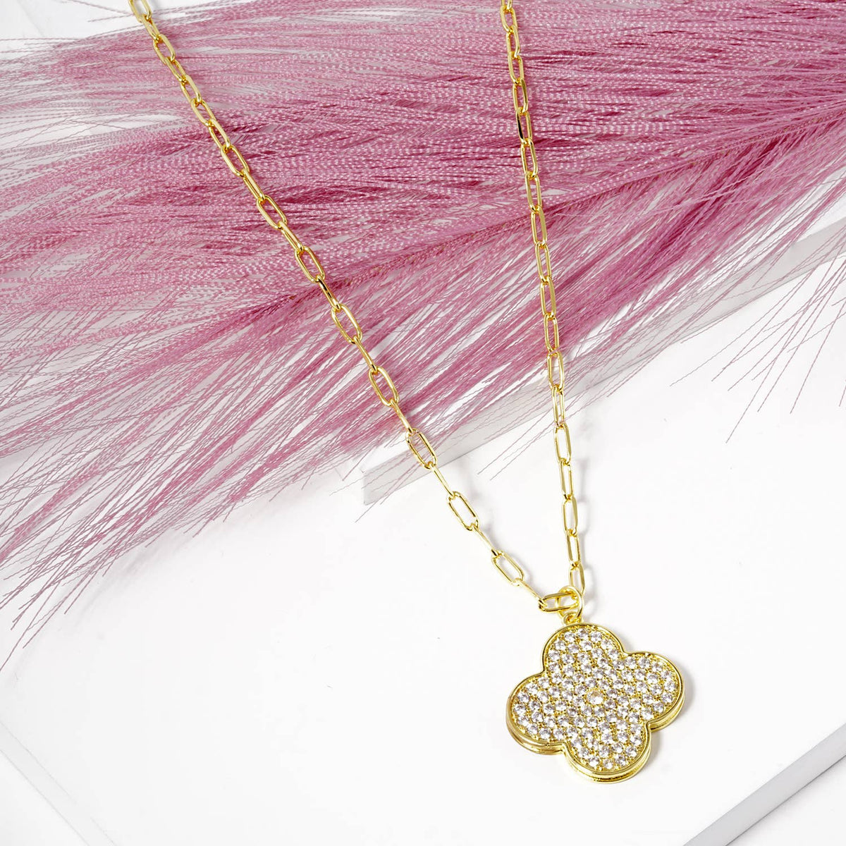 Pave CZ Four-Leaf Clover Paperclip Chain Necklace