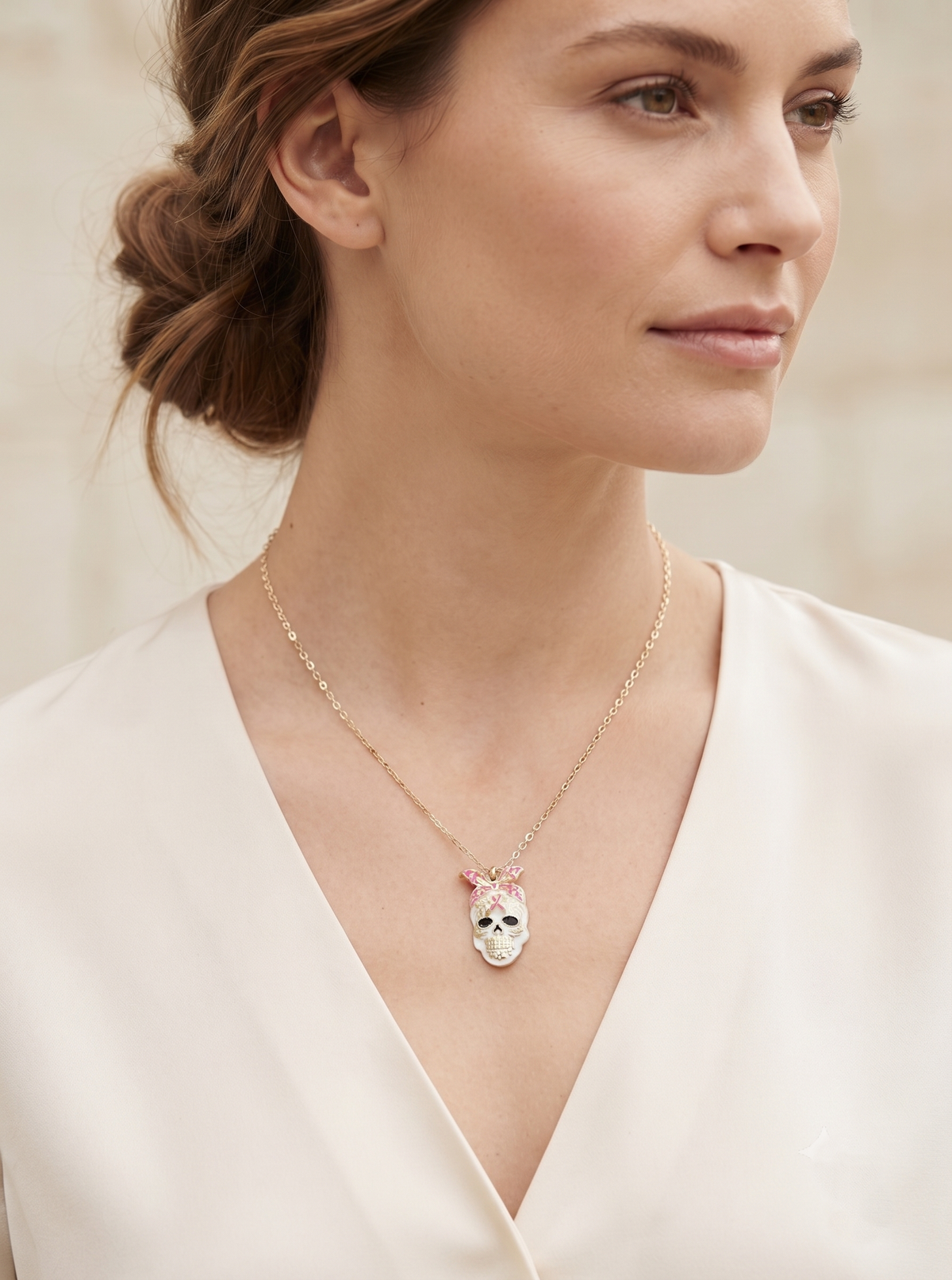 Breast Cancer Awareness Sugar Skull Necklace