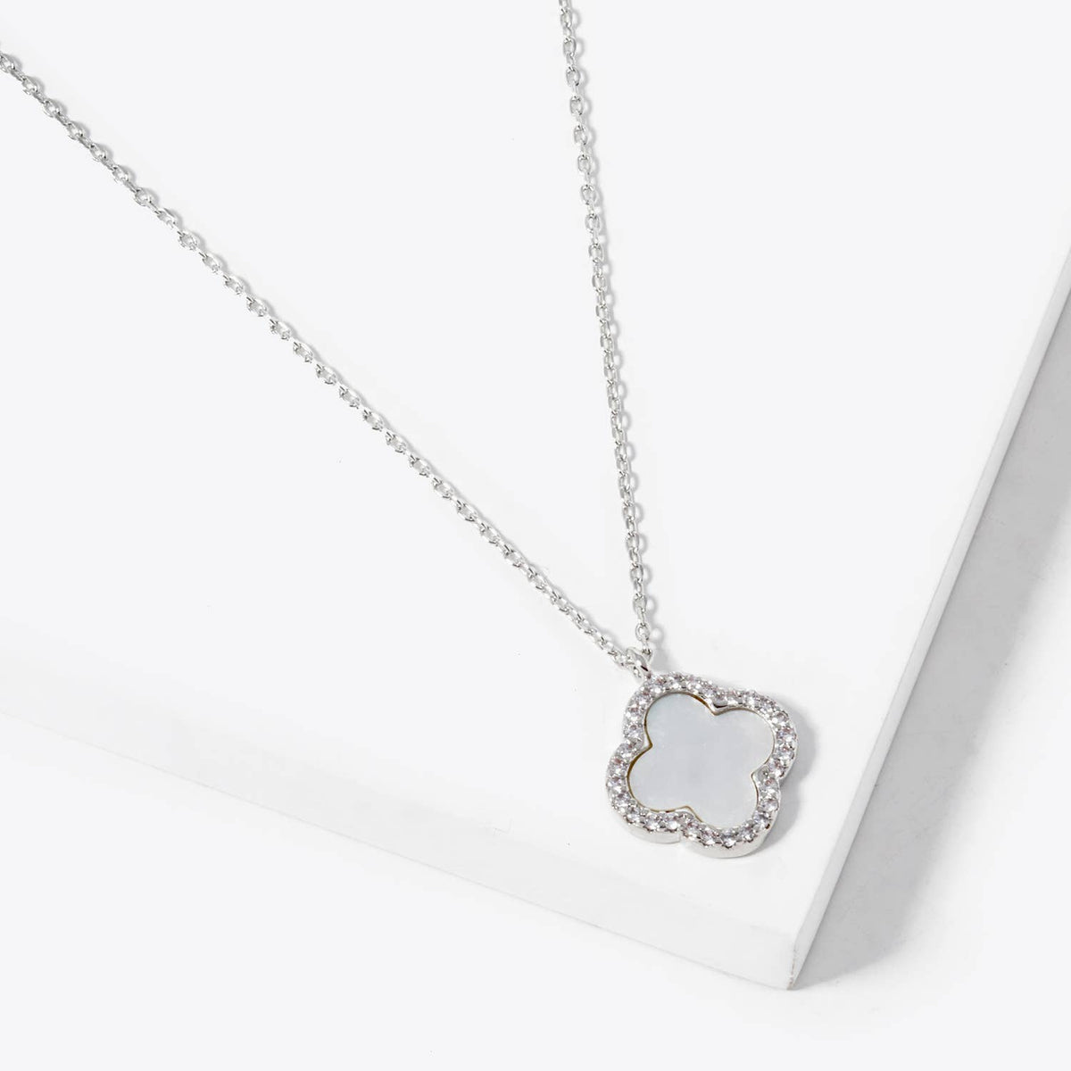 Pavé Border Four-Leaf Clover Pendant Necklace