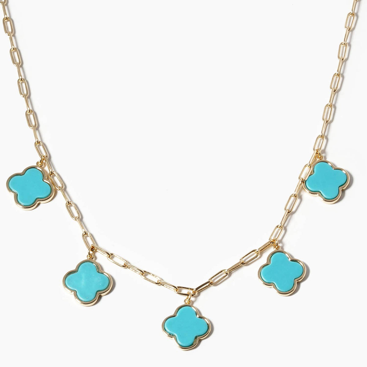 5-Clover Charm Paperclip Link Station Necklace