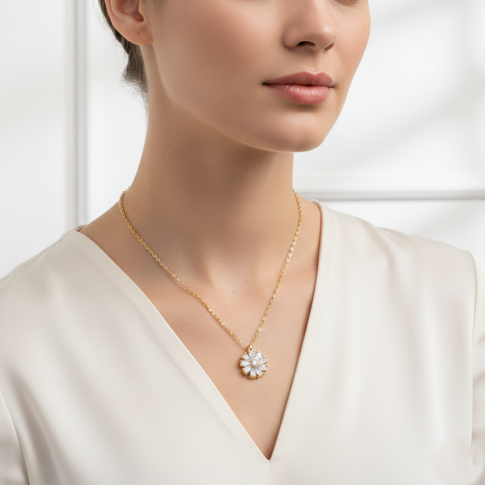 Cubic Zirconia Daisy Flower Pendant Necklace