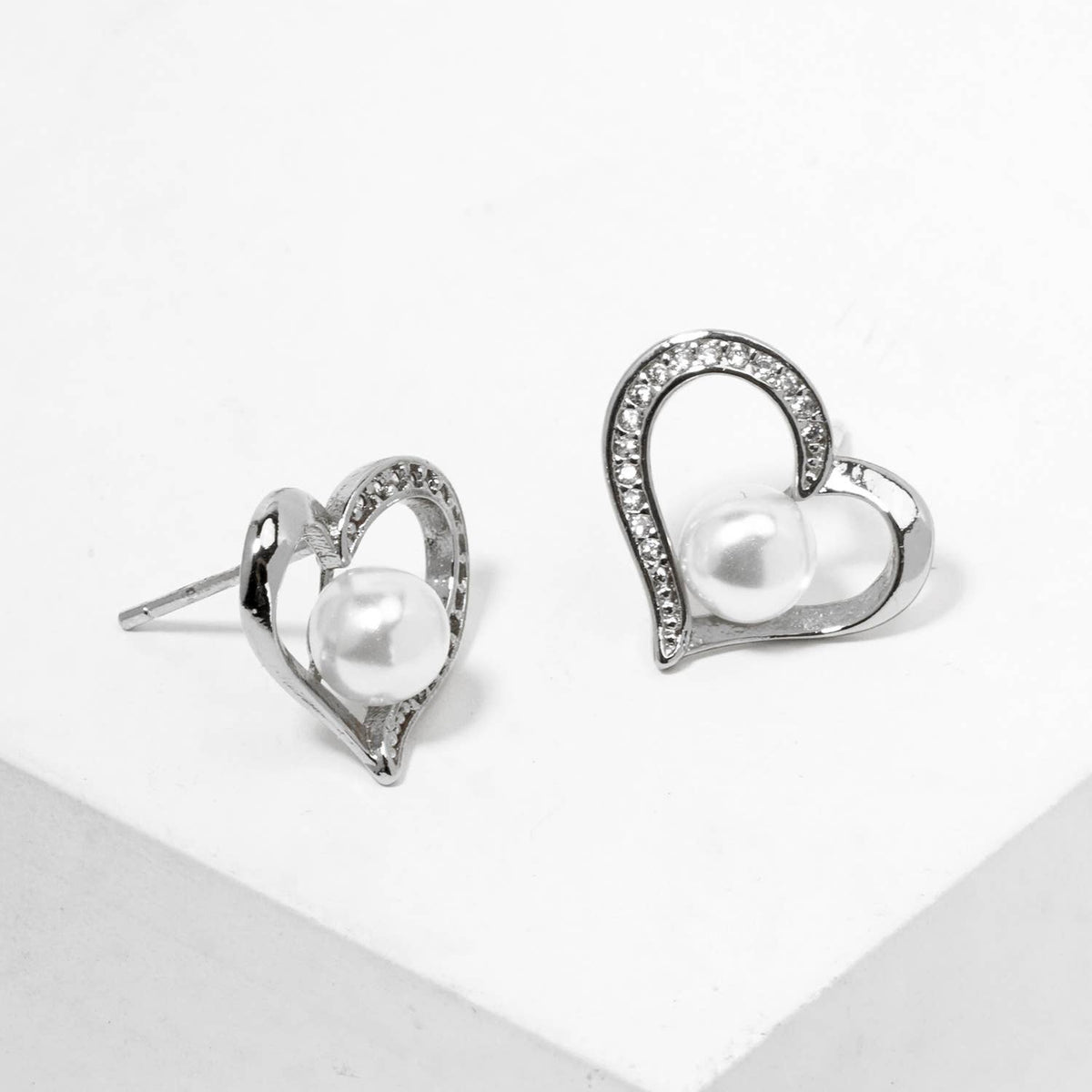 Cubic Zirconia Pave Open Heart Pearl Stud Earrings