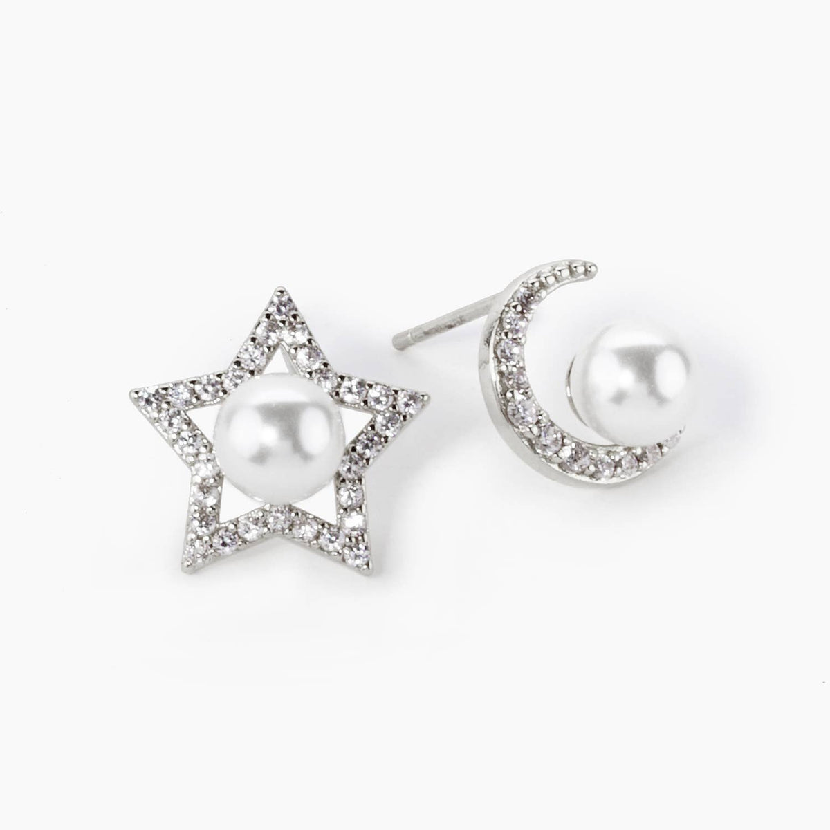 CUBIC ZIRCONIA WITH PEARL STAR AND MOON ASYMMETRICAL STUD