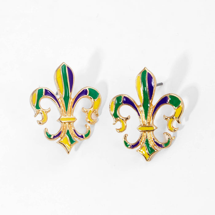 Gold Plated Fleur De Lis Themed Stud Earrings