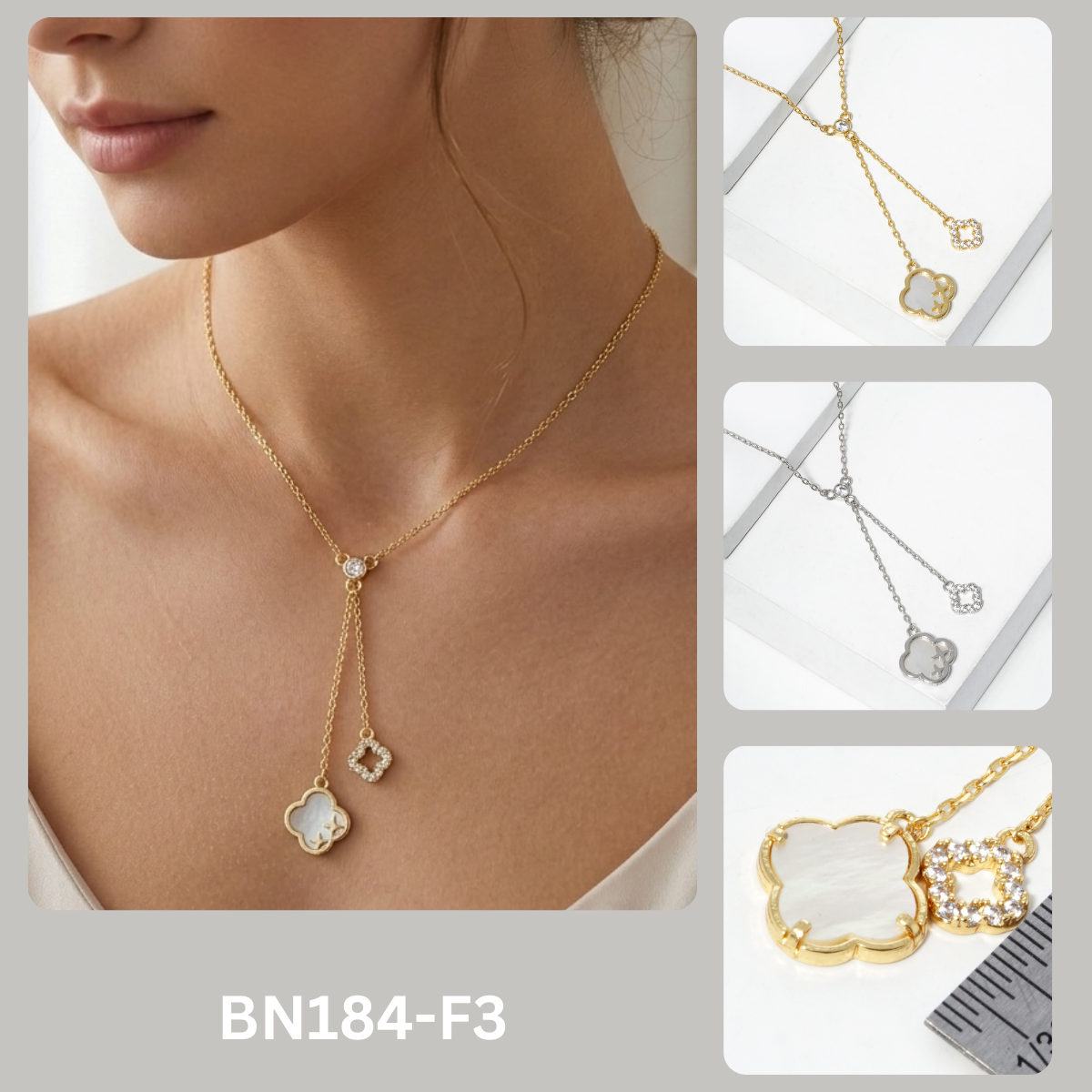 Mother of Pearl and Pave Clover Lariat Drop Necklace
