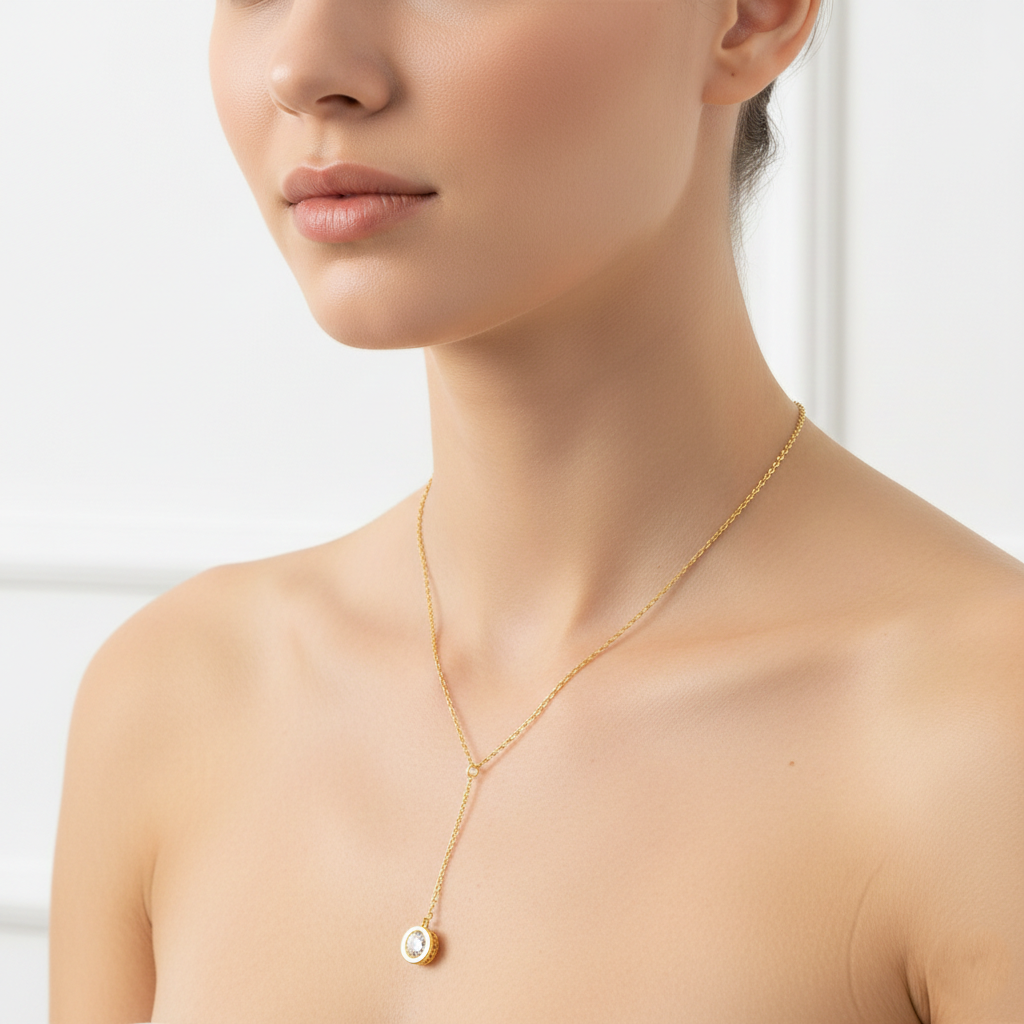 18K Gold Plated Solitaire Crystal Y-Lariat Necklace