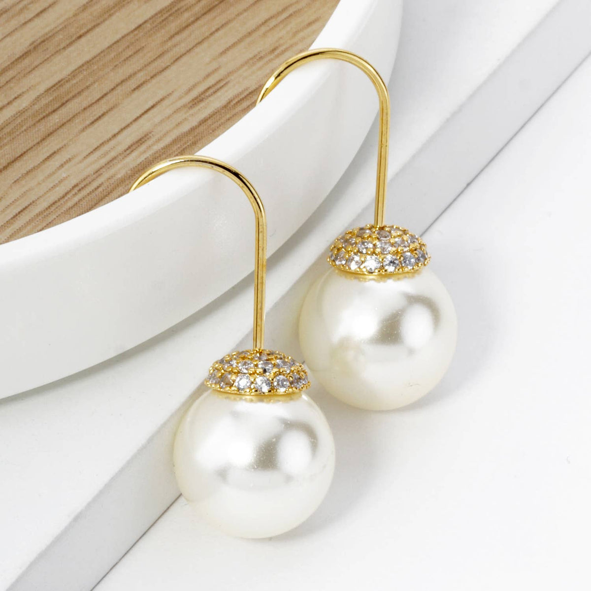 18K GOLD DIPPED CUBIC ZIRCONIA PAVE 10MM PEARL DROP EARRINGS