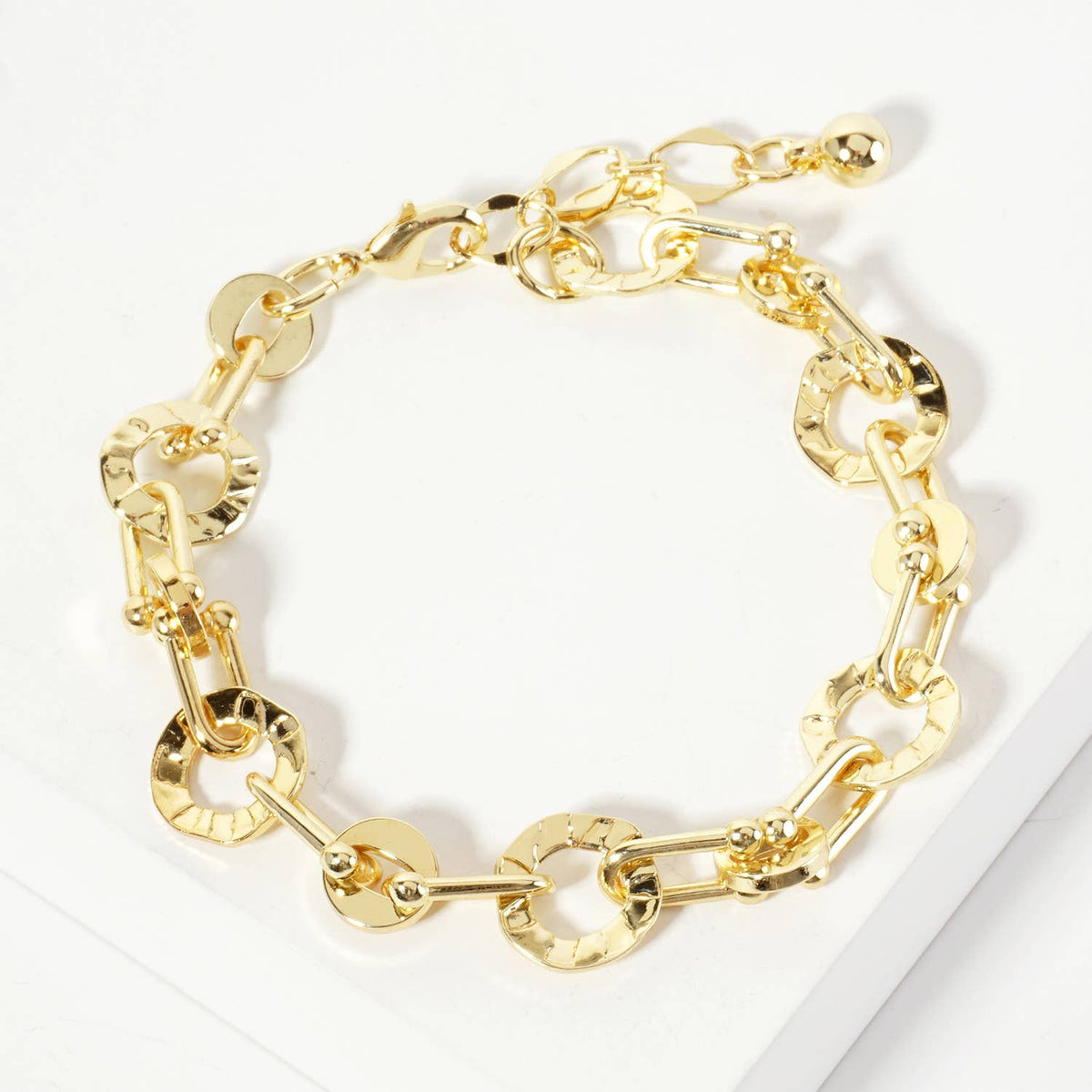Polished Brass Textured Circle Links with Chain Bracelet