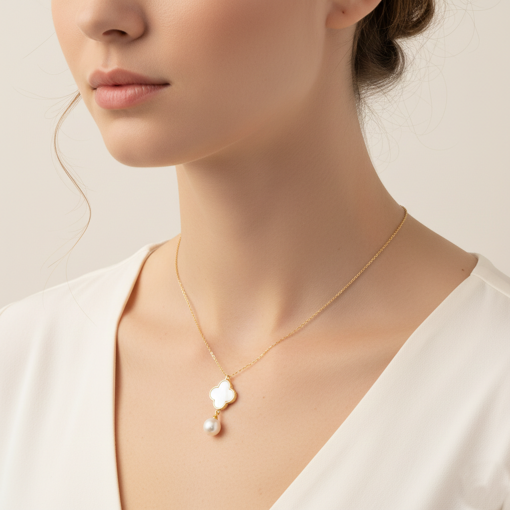 Clover Inlay & Pearl Drop Charm Necklace