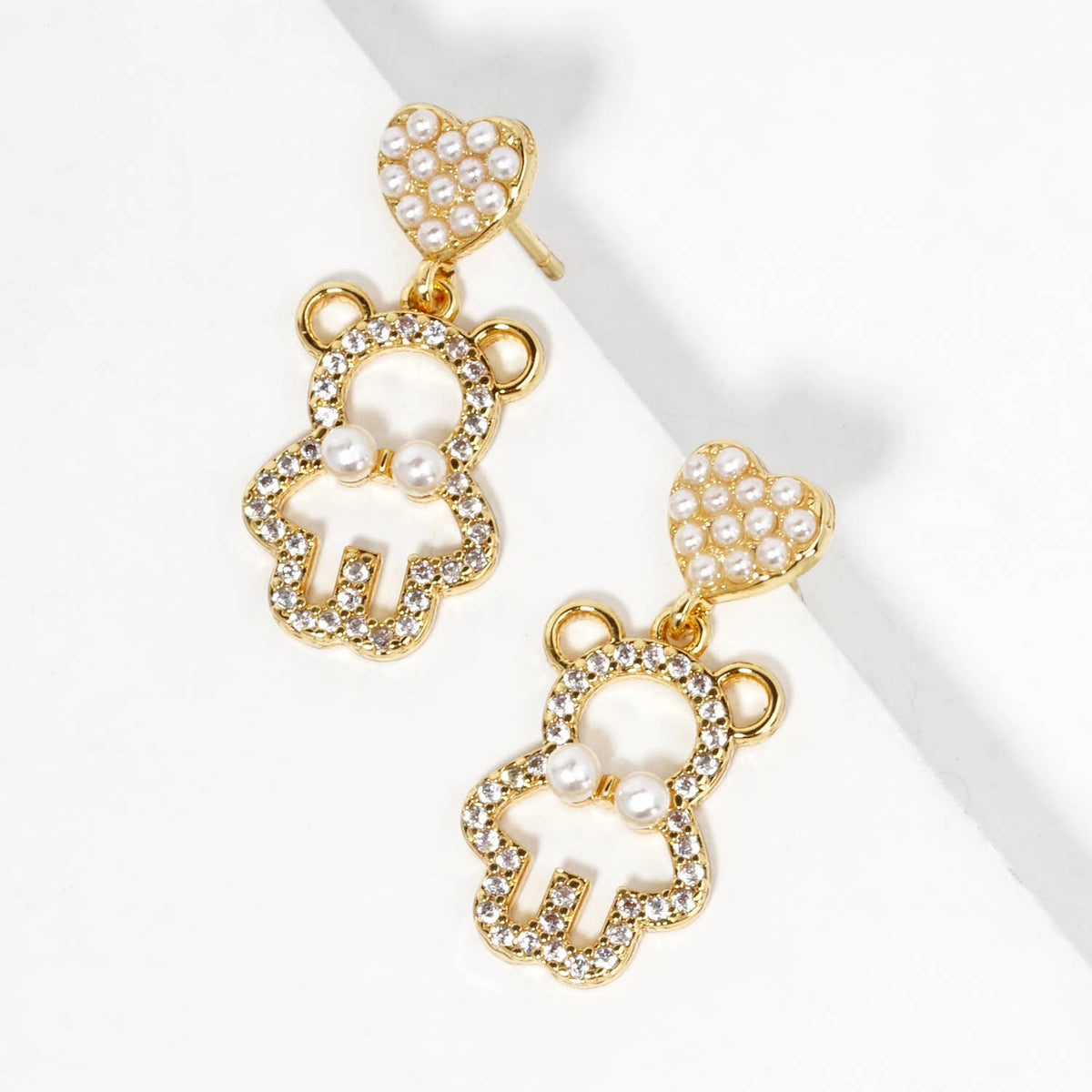 Cubic Zirconia Pearl Heart Bear Dangle Earrings