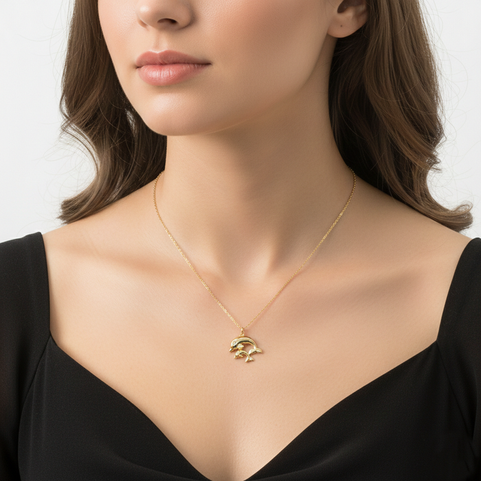 Two Dolphins Pendant Necklace / 18K Gold Dipped