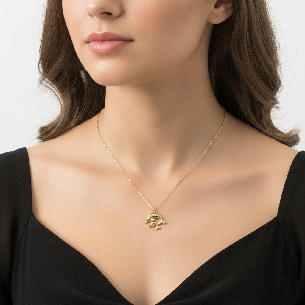 Two Dolphins Pendant Necklace / 18K Gold Dipped