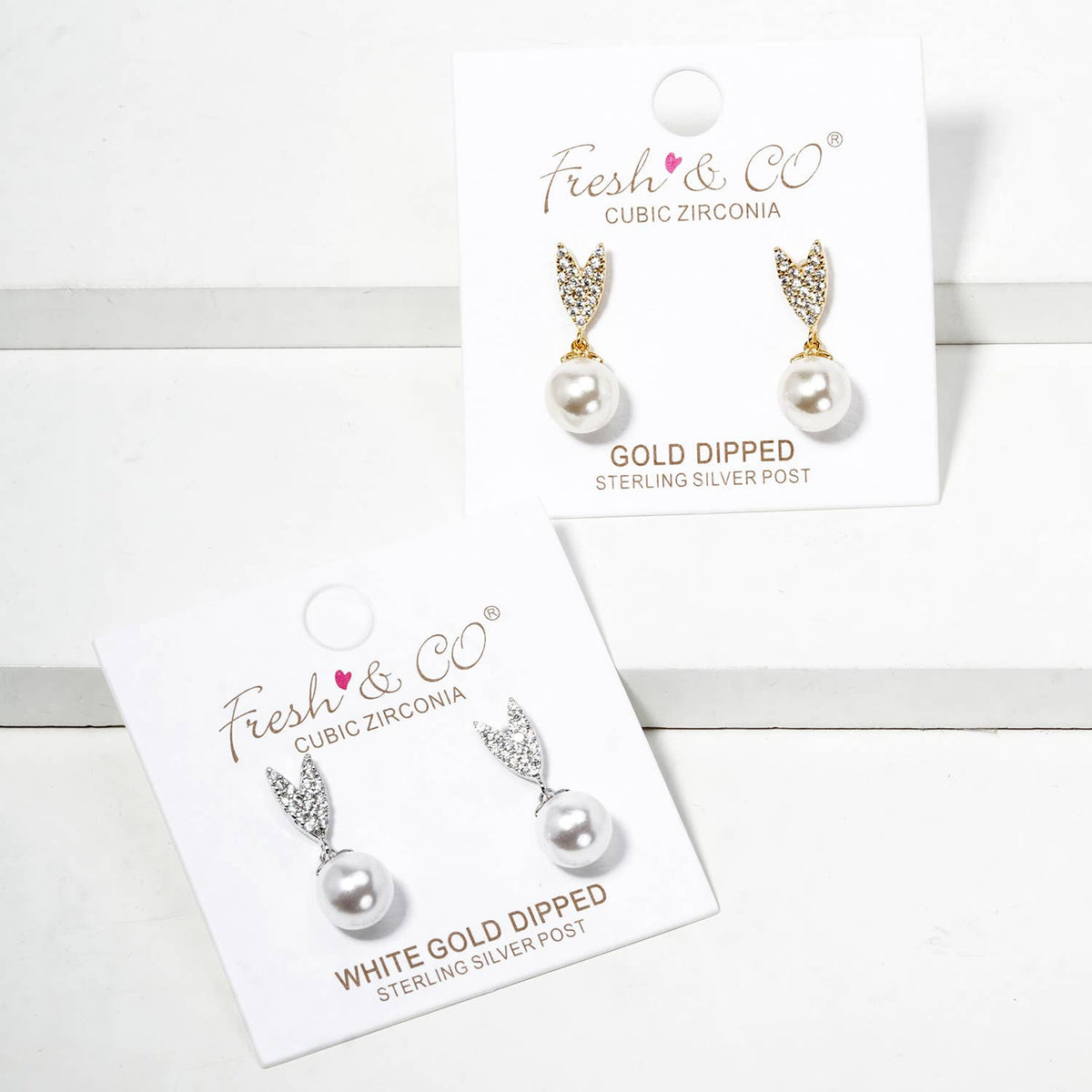 18K Gold Dipped Glass Pearl Drop CZ Pave Heart Post Earrings