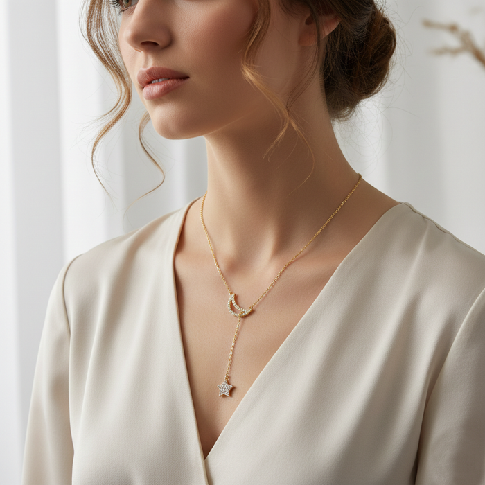 Minimalist Pave Moon and Star Lariat Necklace