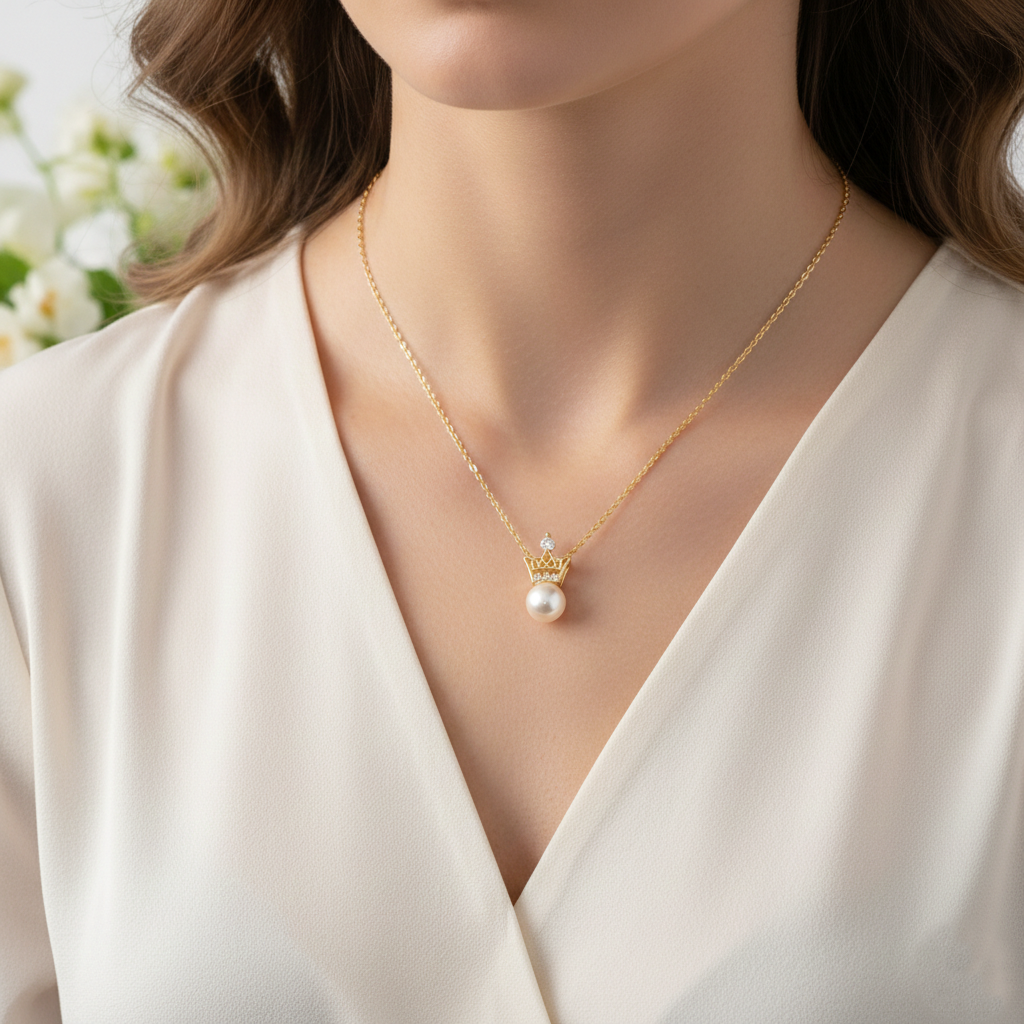 Elegant Pearl Crown Pendant Necklace