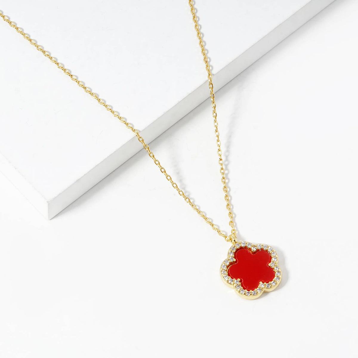 Clover Flower Pendant Necklace with Crystal Border