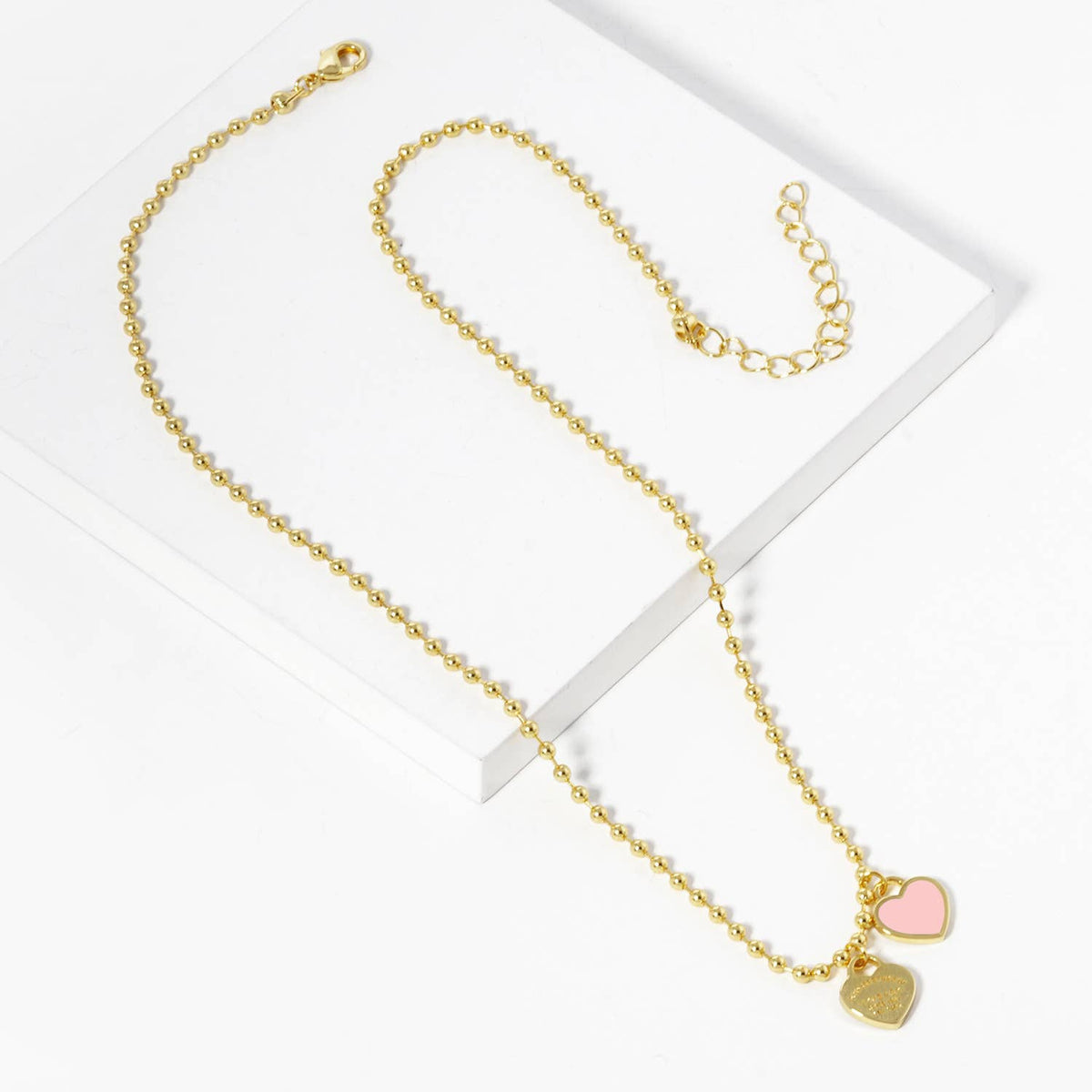 Double Heart Charm Bead Chain Necklace