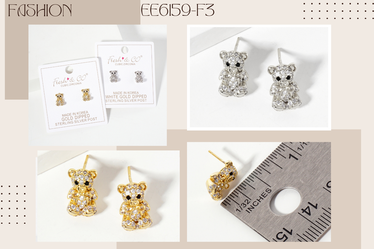 Minimalist Pave-Set Teddy-Bear with Bow Stud Earrings