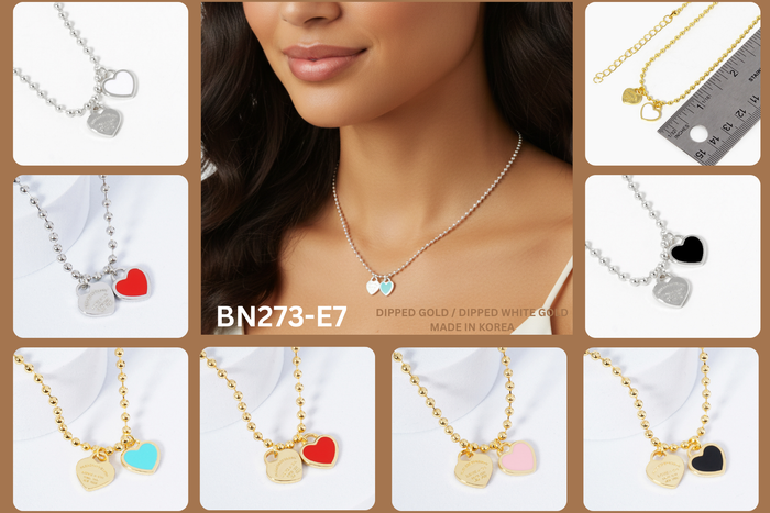 Double Heart Charm Bead Chain Necklace