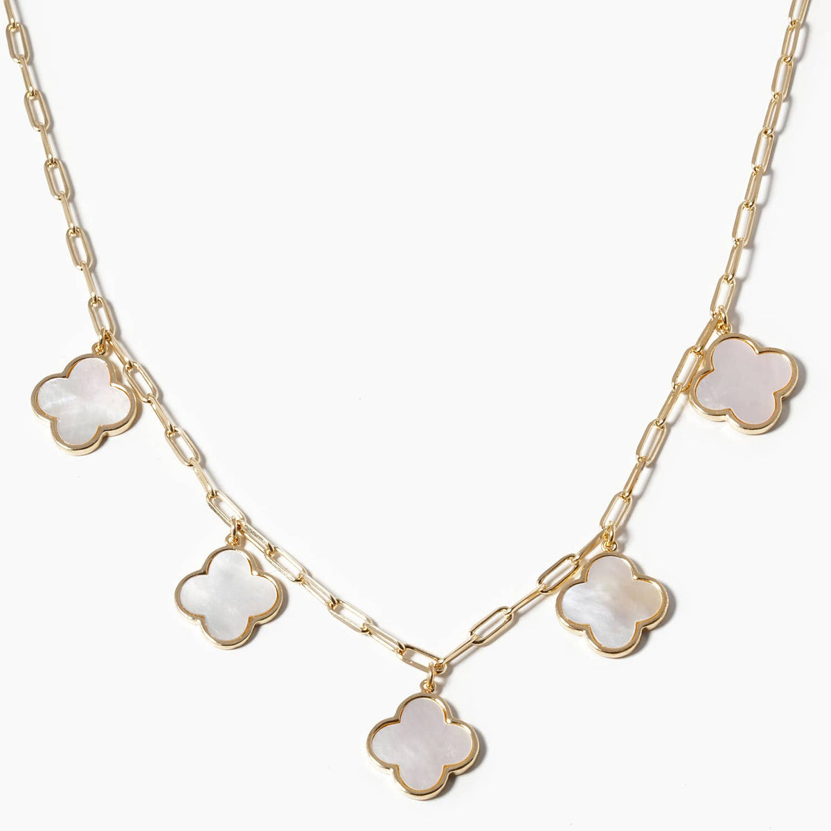 5-Clover Charm Paperclip Link Station Necklace