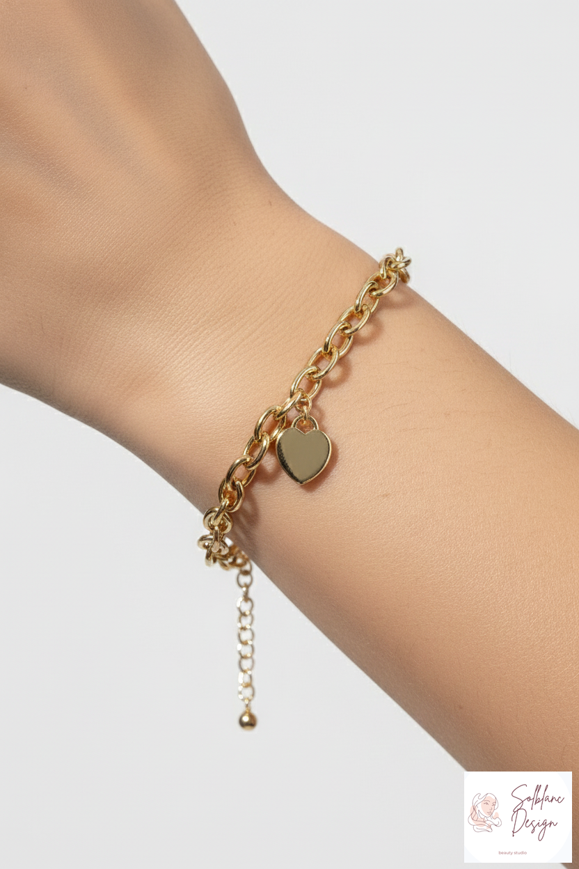 Chunky Link Heart Charm Bracelet with Easy Magnetic Clasp
