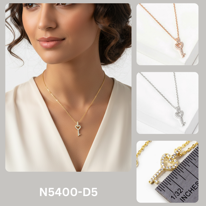 Pave Cubic Zirconia Heart Key Pendant Necklace