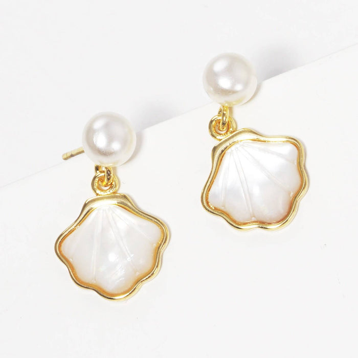 Gold Freshwater Pearl Seashell Dangle Earrings