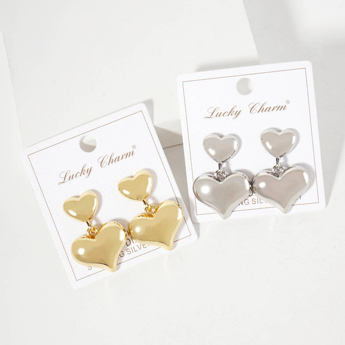 Polished Brass Double Heart Drop Dangle Earrings
