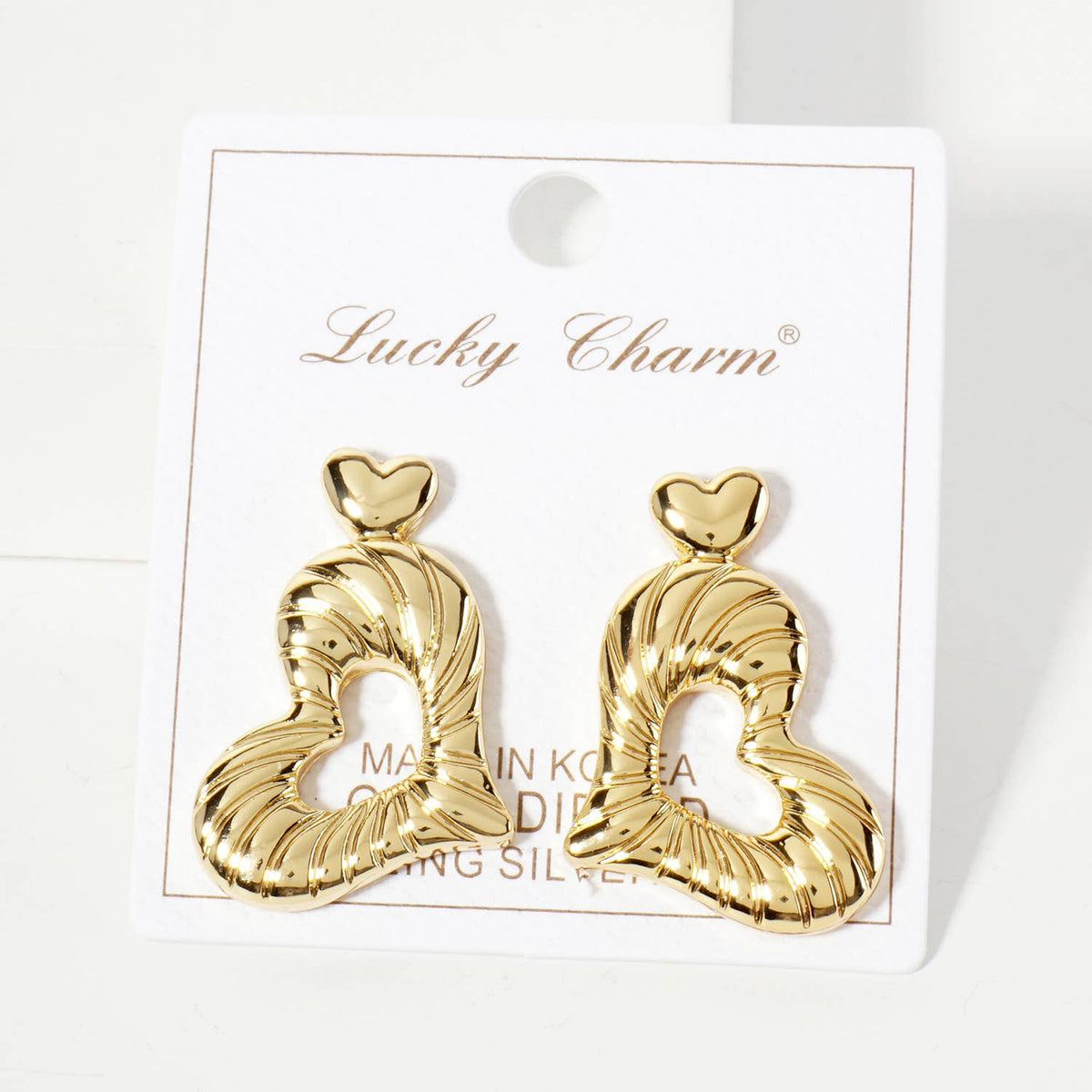 Polished Sideways Textured Heart Drop Brass Earrings
