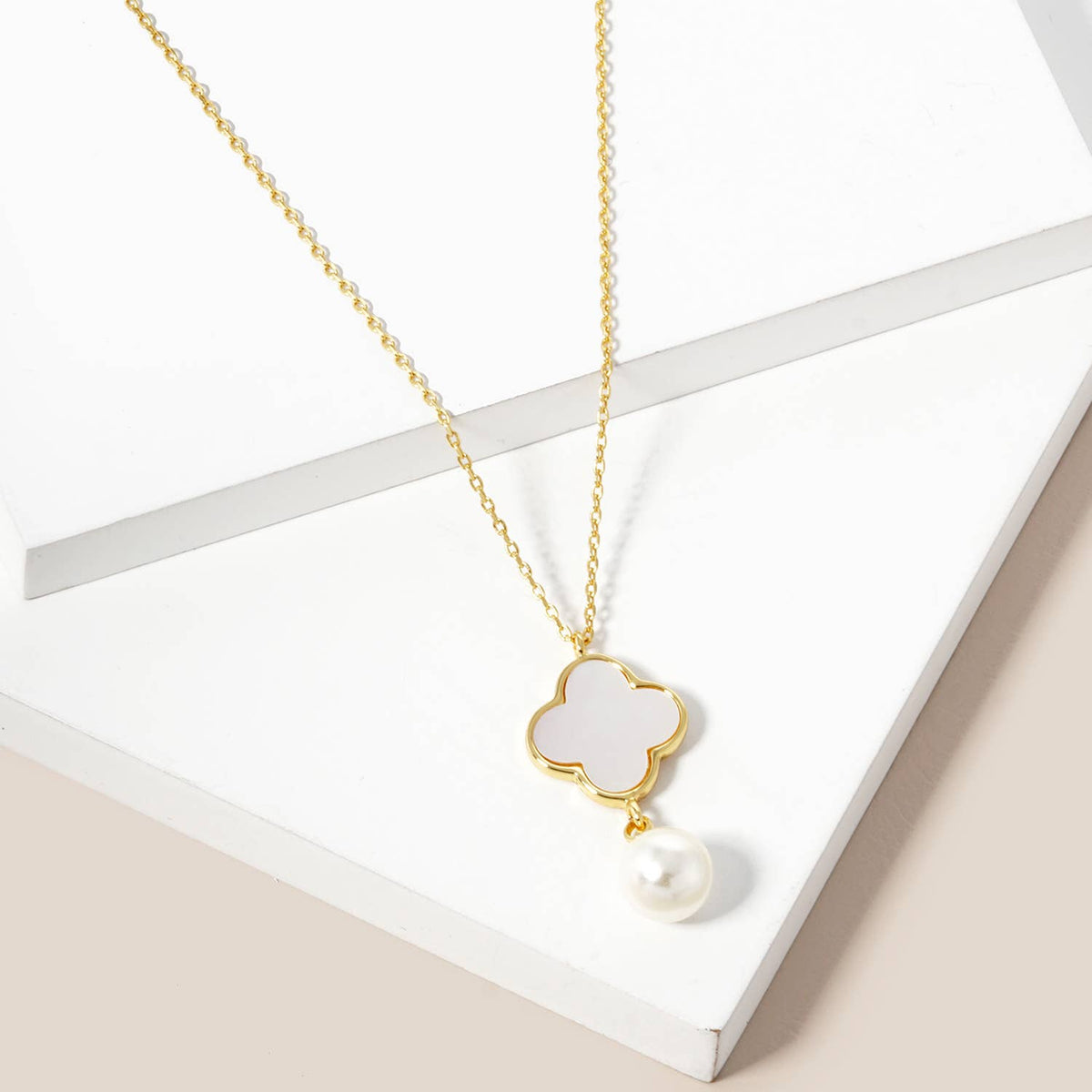 Clover Inlay & Pearl Drop Charm Necklace