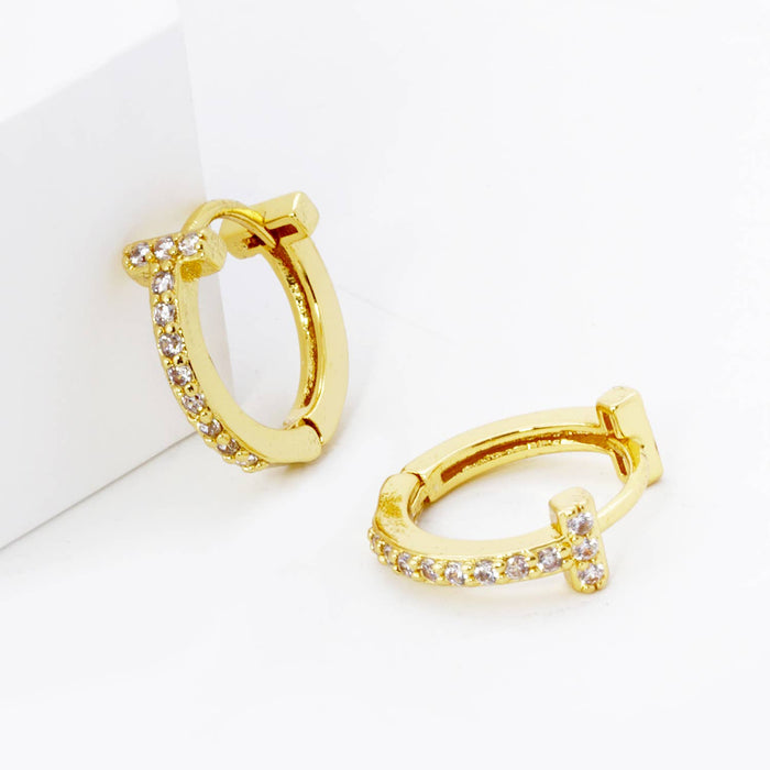 T Shape Cubic Zirconia 12mm Huggie Hoop Earrings.