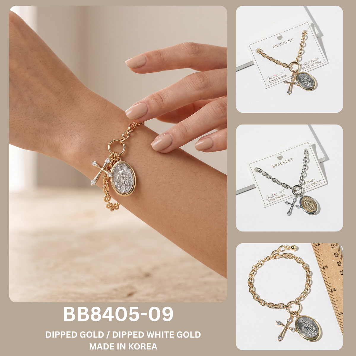 Miraculous Medal & Cross Charm Bracelet