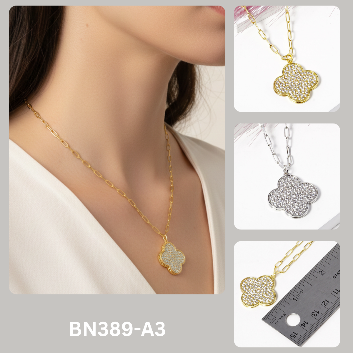 Pave CZ Four-Leaf Clover Paperclip Chain Necklace