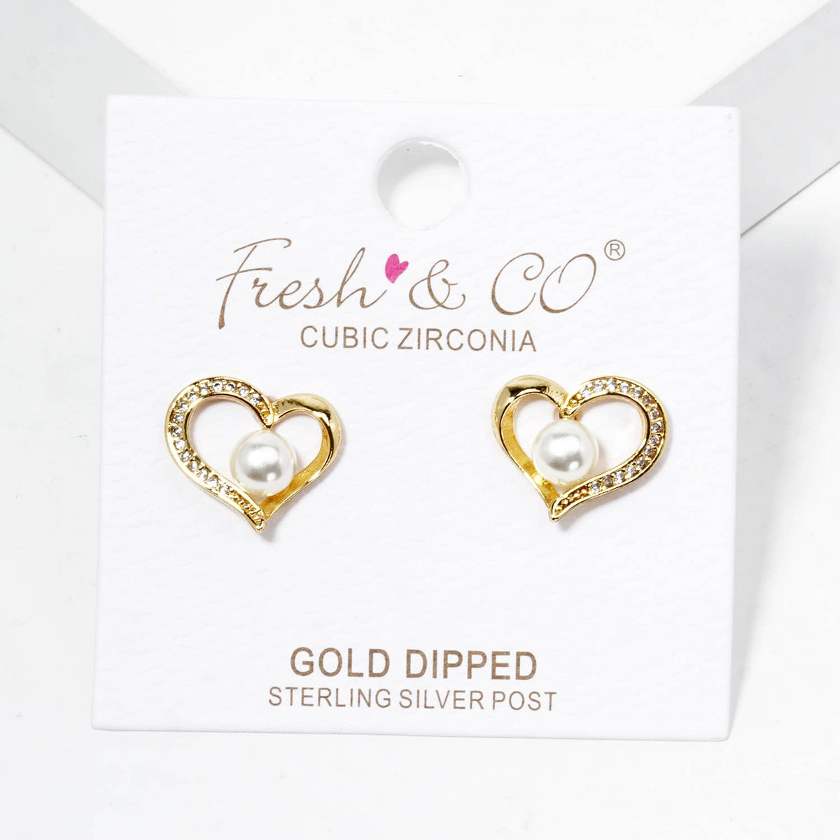 Cubic Zirconia Pave Open Heart Pearl Stud Earrings
