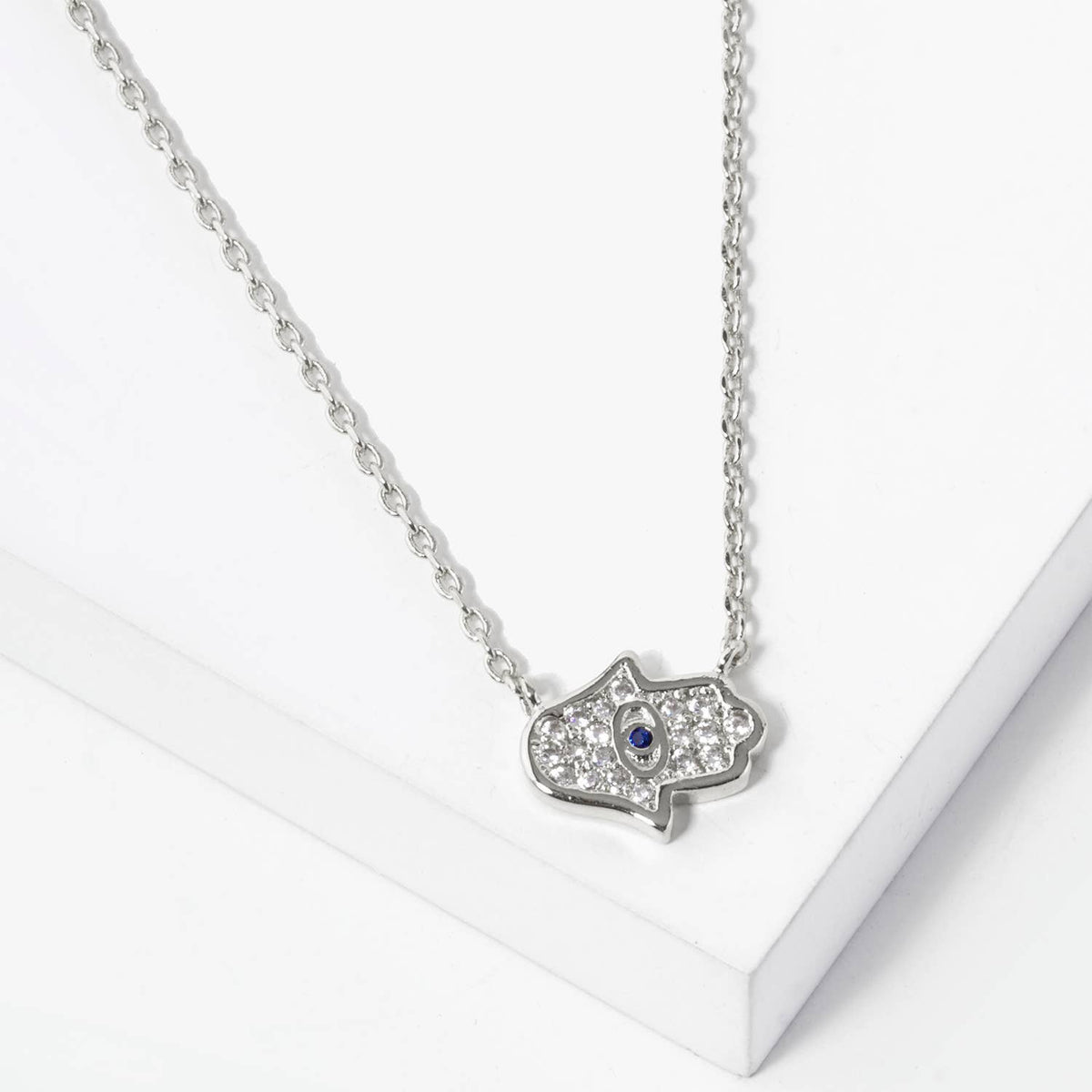 CZ Pave Hamsa Hand with Evil Eye Pendant Necklace