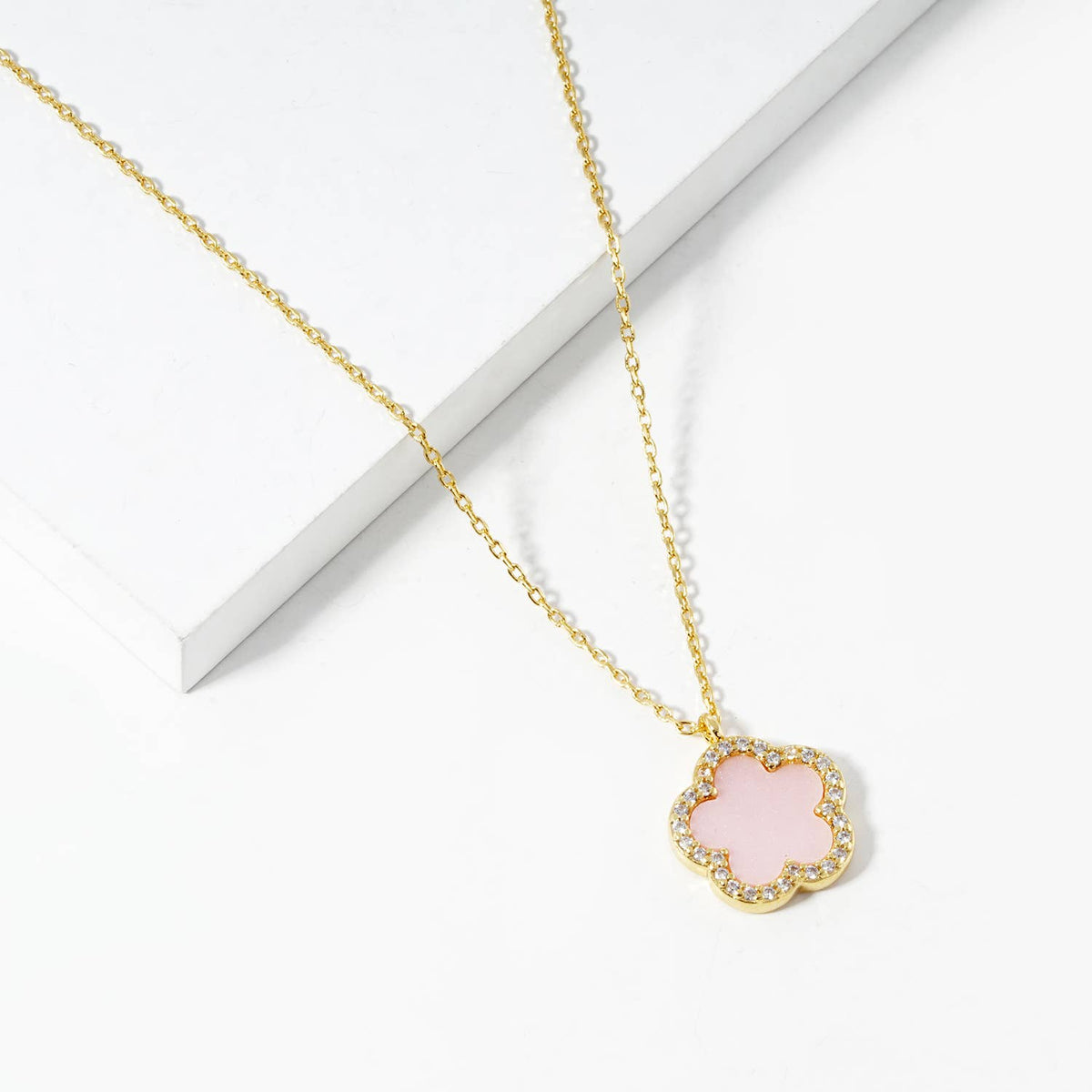 Clover Flower Pendant Necklace with Crystal Border
