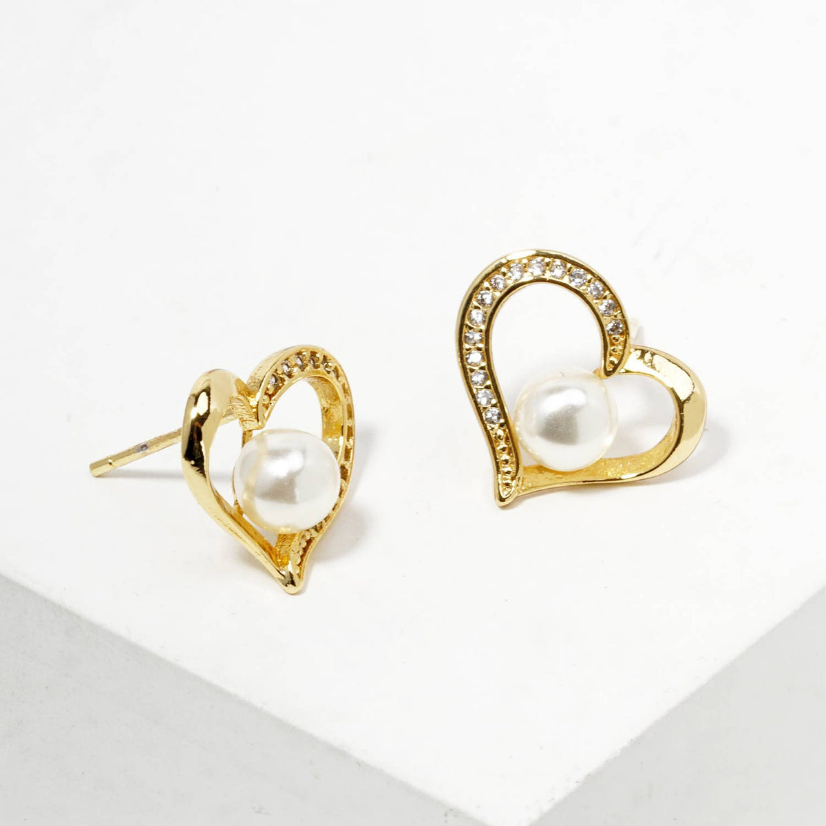 Cubic Zirconia Pave Open Heart Pearl Stud Earrings