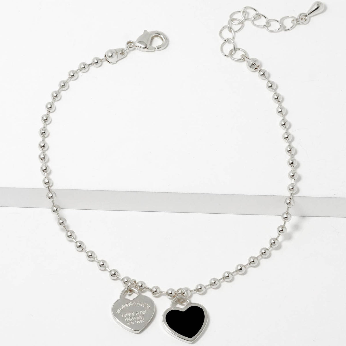 Double Heart Charm Bead Chain Bracelet - Gold & White Gold D