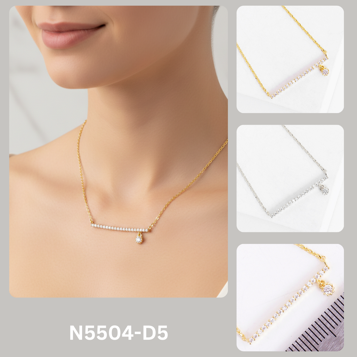 Delicate CZ Pave Horizontal Bar & Drop Charm Necklace