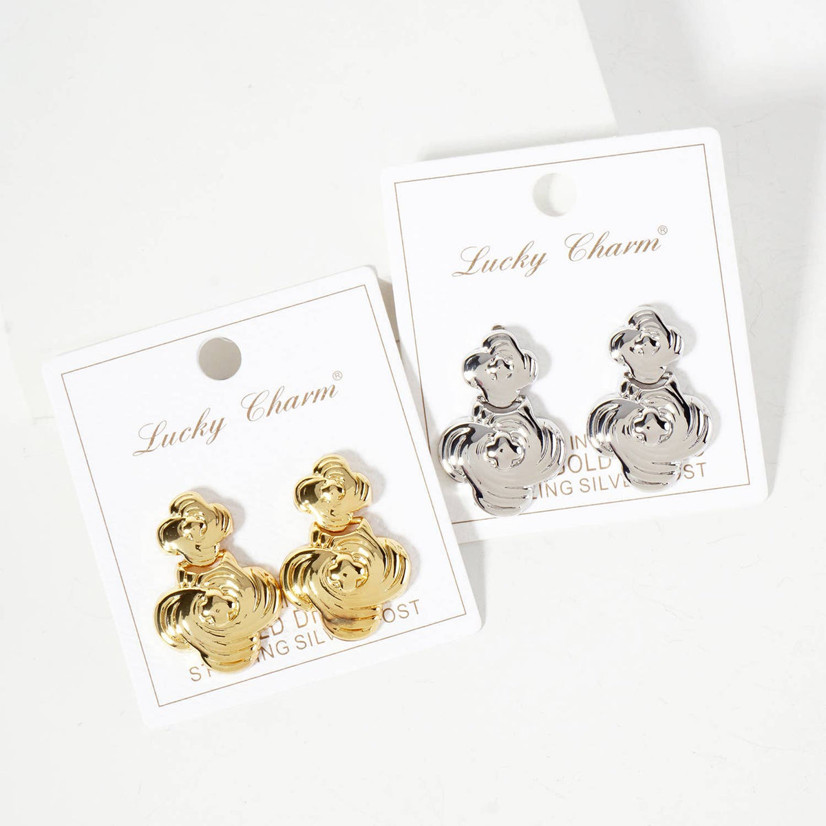 Polished Brass Textured Double Quatrefoil Dangle Earrings