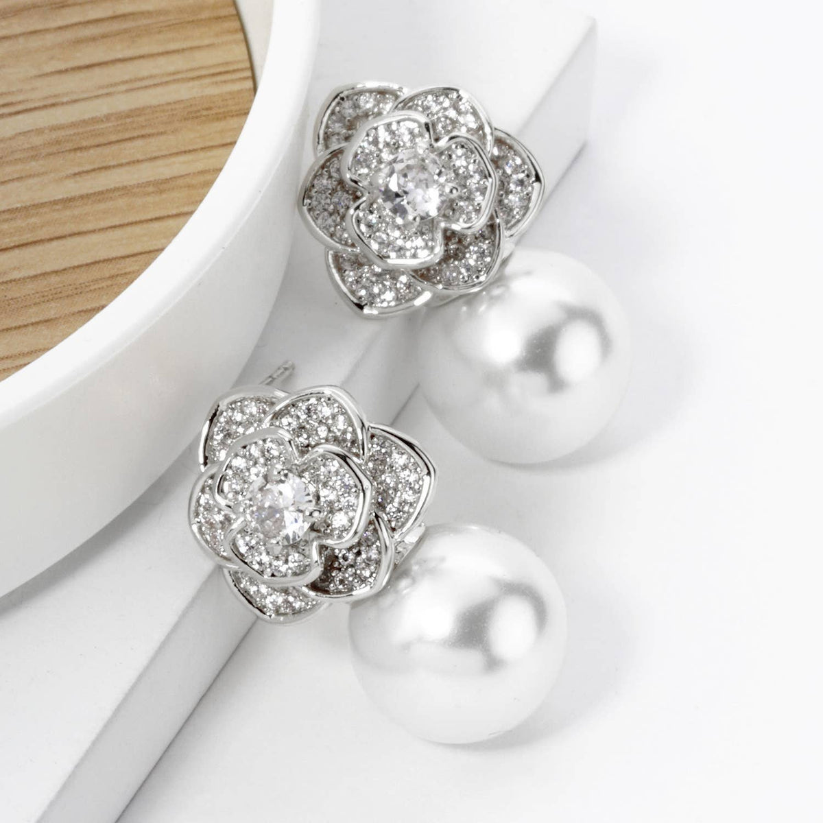 Rose Flower with 11mm Pearl Post Earrings.