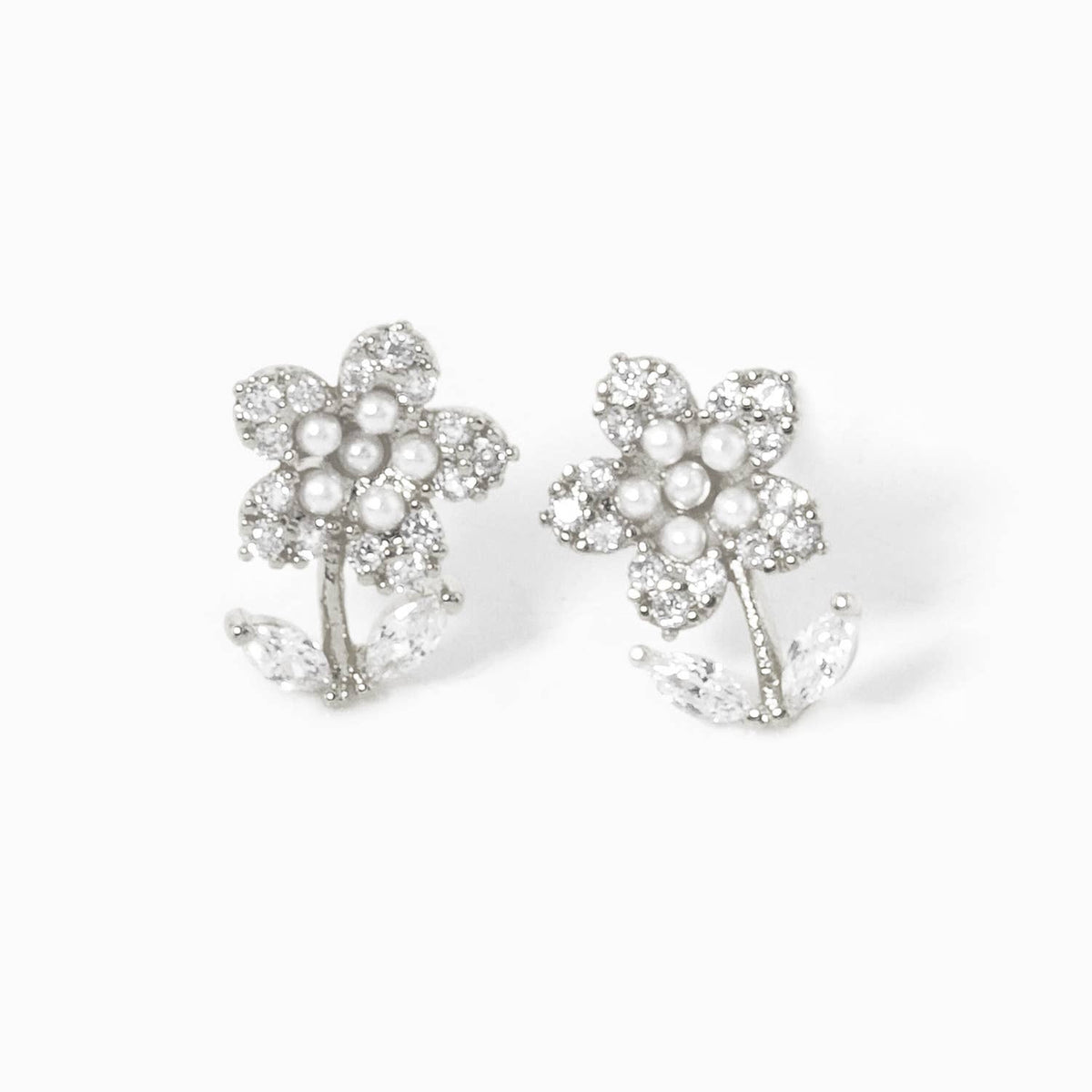 Dainty Pearl & Cubic Zirconia Flower Stud Earrings